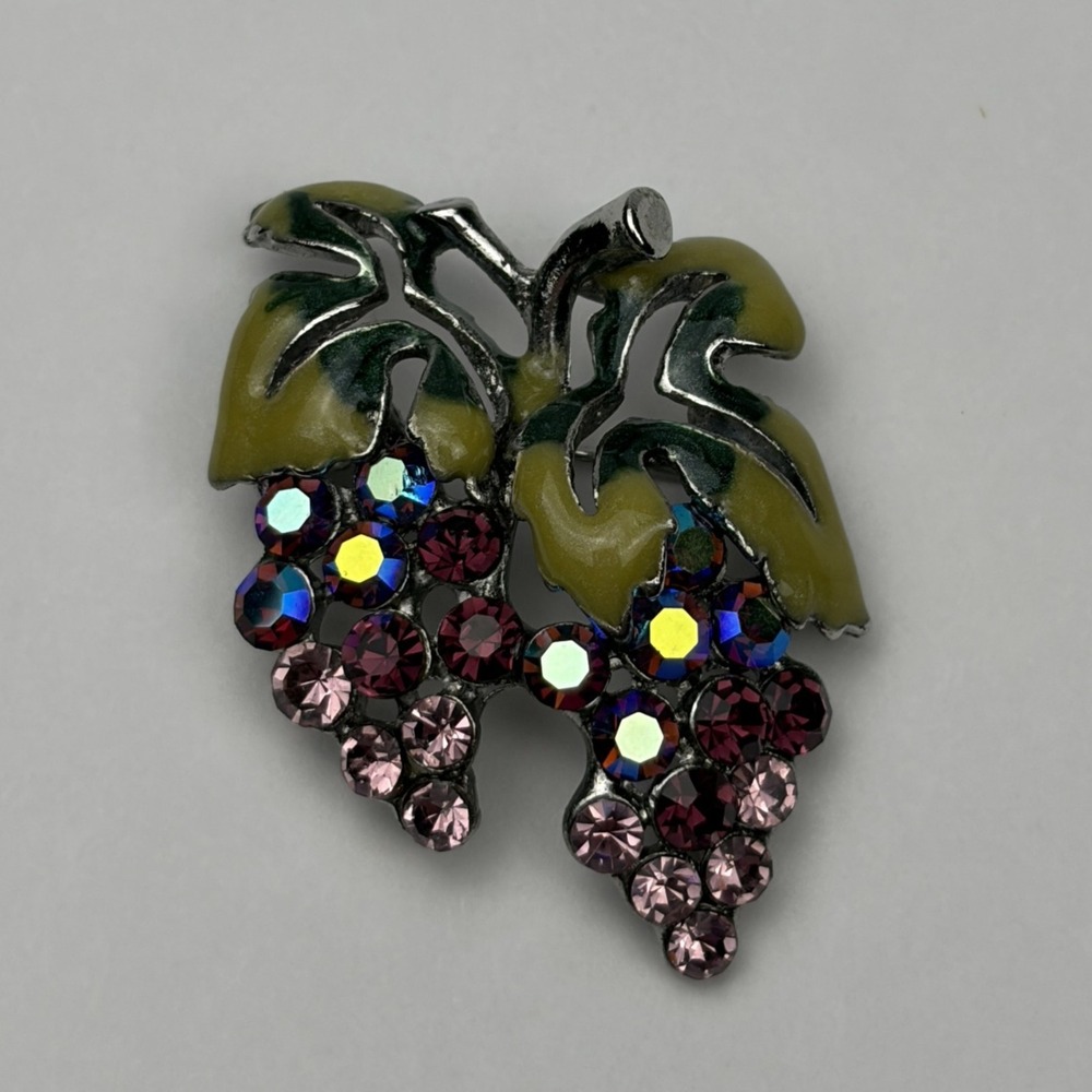 Vintage Grape Cluster Brooch Purple Pink AB Rhinestone Enamel Leaf Silver Tone